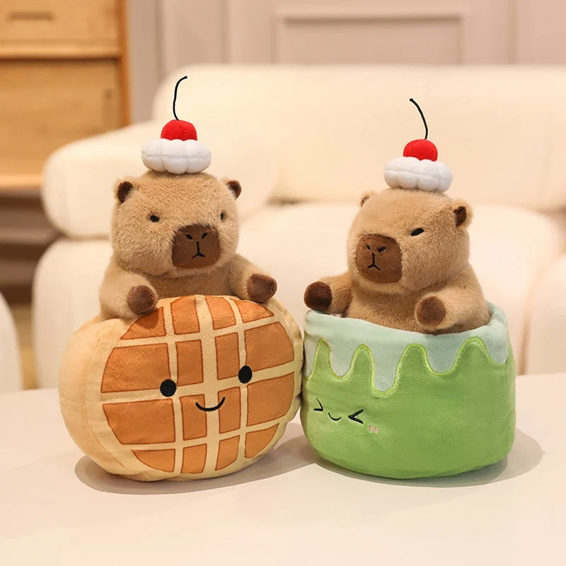 Two kawaii teddy bear plush toys on a waffle and cake-shaped bases with cherry on top.