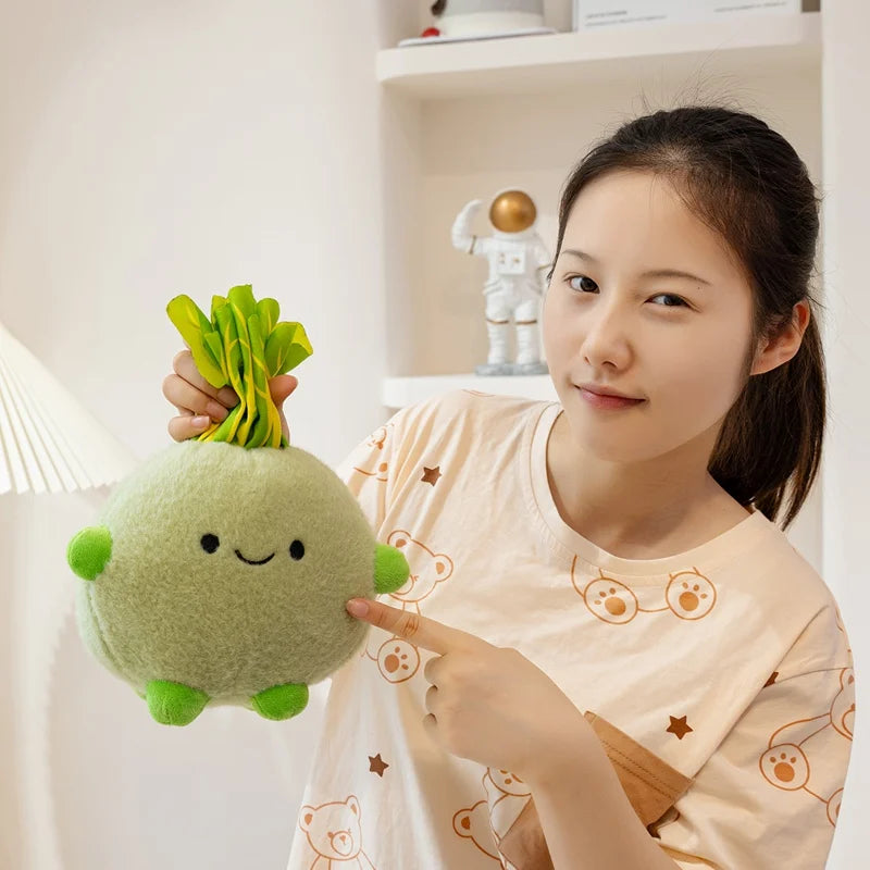 Person holding a kawaii plush turnip toy in a home setting