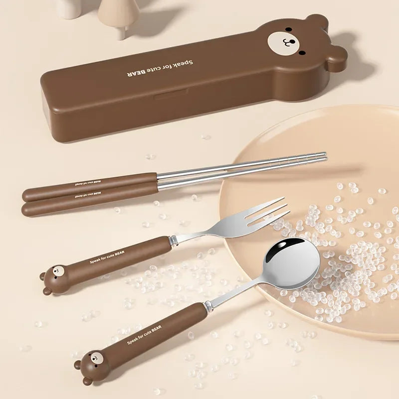 Set of bear-shaped kawaii utensils with a carrying case on a beige background