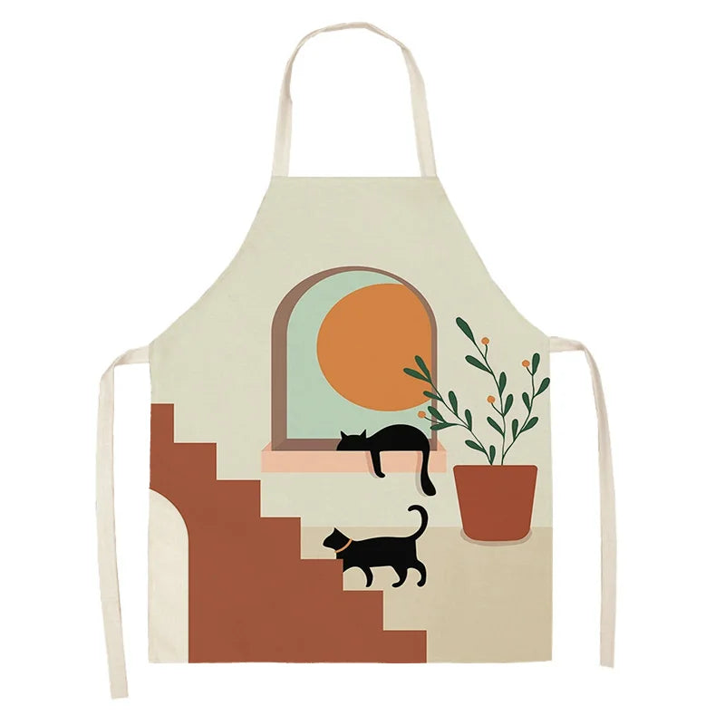 Kawaii apron with a design of cats and plants on a white background
