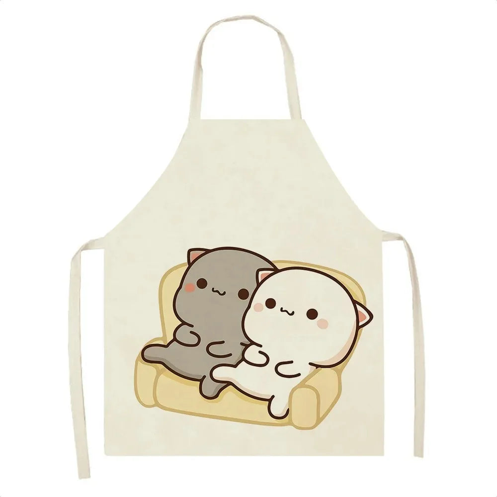 Beige Kawaii apron with cartoon cats design on a white background