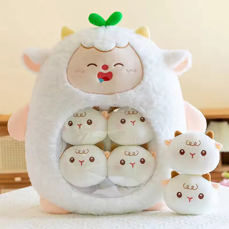 Cute kawaii plush toy with multiple faces on a light background