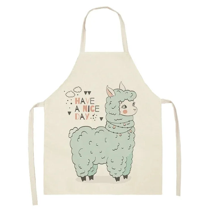 Apron with a Kawaii cartoon llama and 'Have a nice day' text on a white background