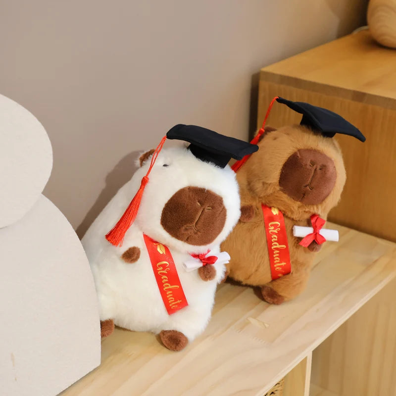 Two capybara plush toys, one white and one brown, wearing graduation caps and gowns on a wooden surface.