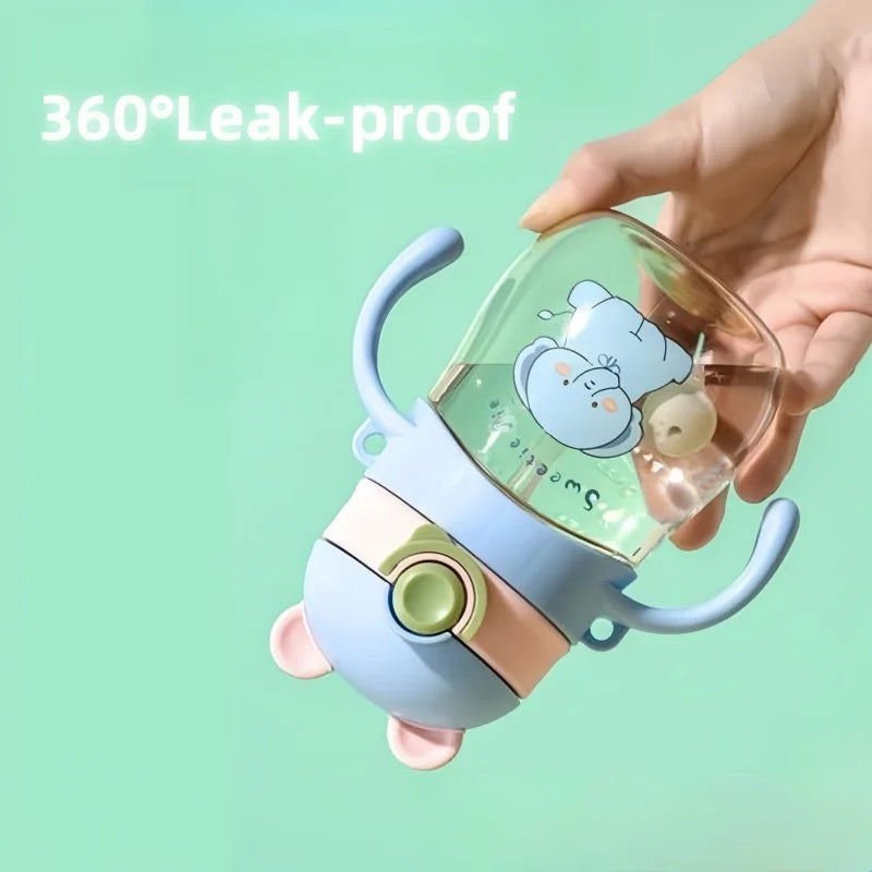 Kawaii cup with cartoon design held by a hand on a light green background
