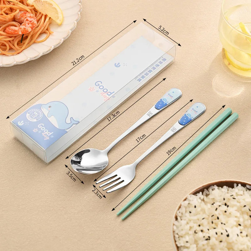A green and blue kawaii utensils of fork, spoon, and chopsticks