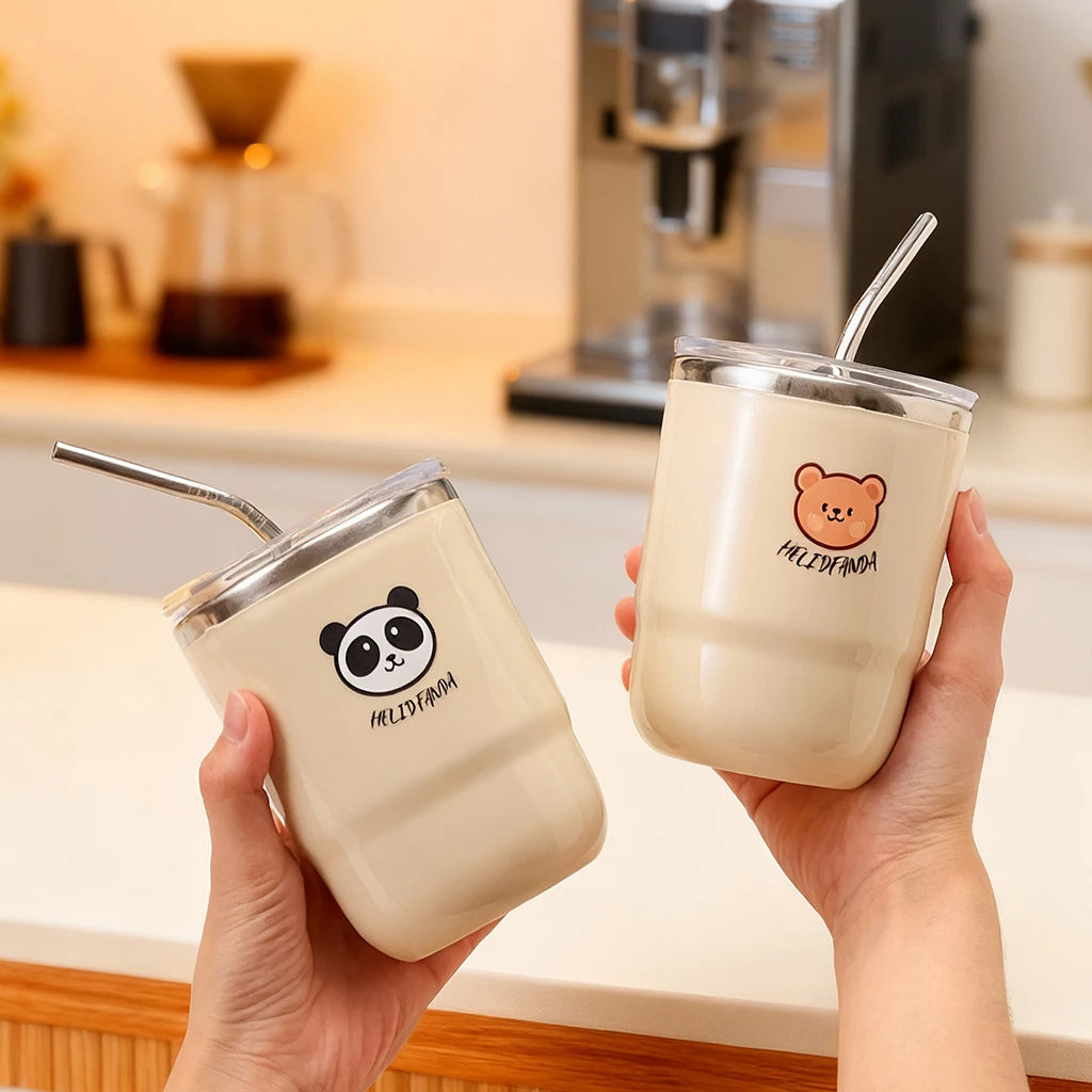 Two hands holding cream-colored kawaii tumblers with panda designs in a kitchen setting.