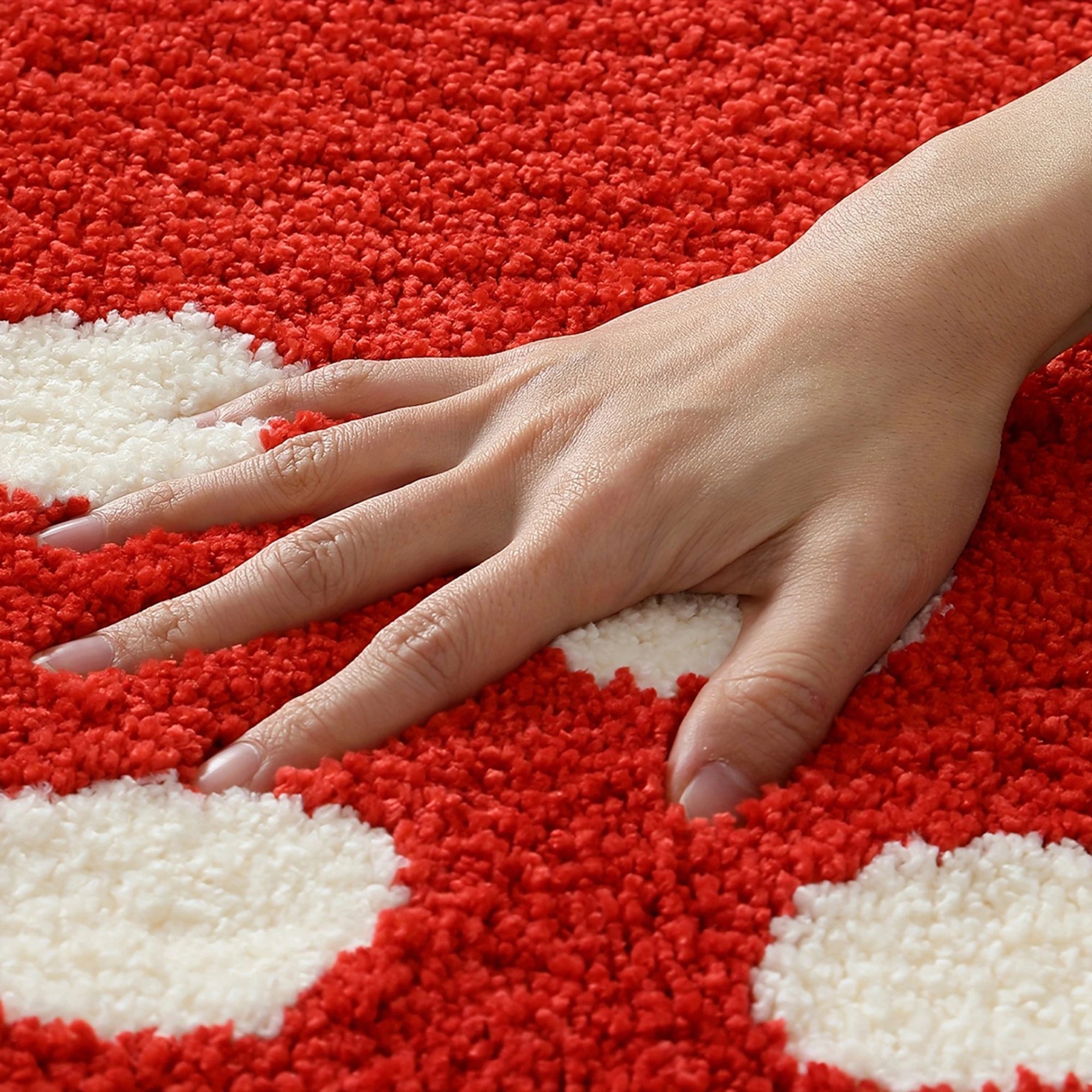 Hand touching a red and white patterned kawaii rug