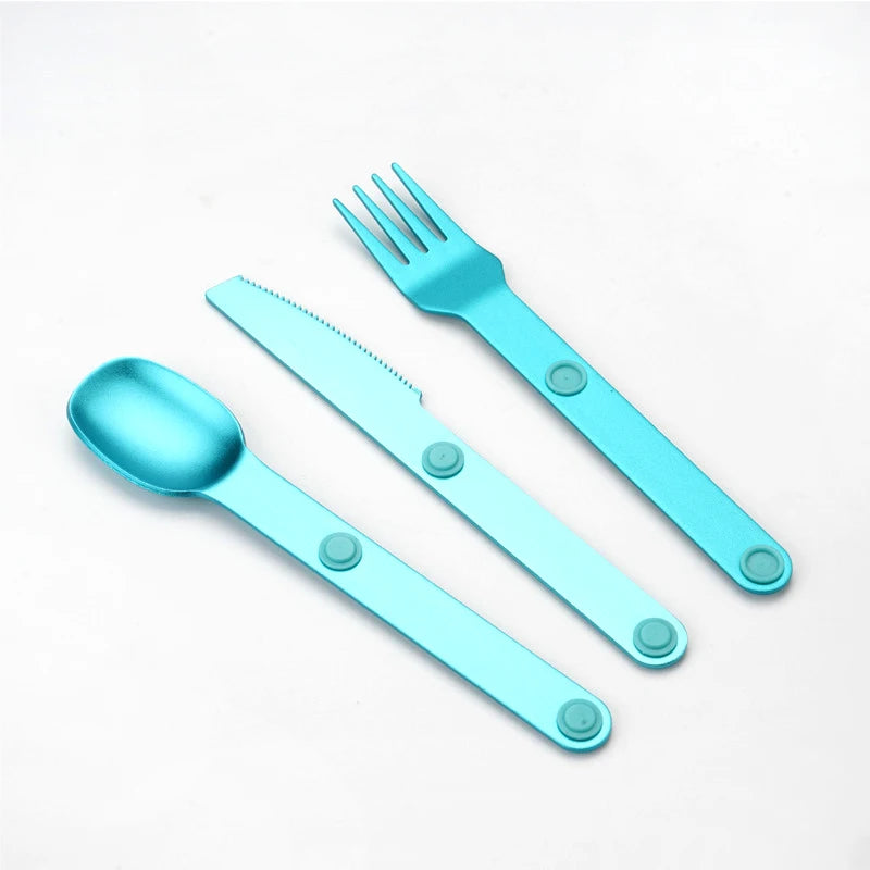 A set of blue kawaii utensils on a white background