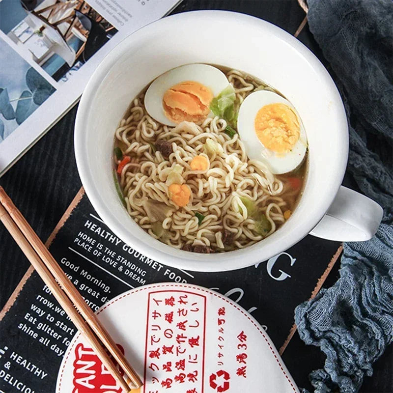 Close up of instant noodles inside a kawaii ramen bowl