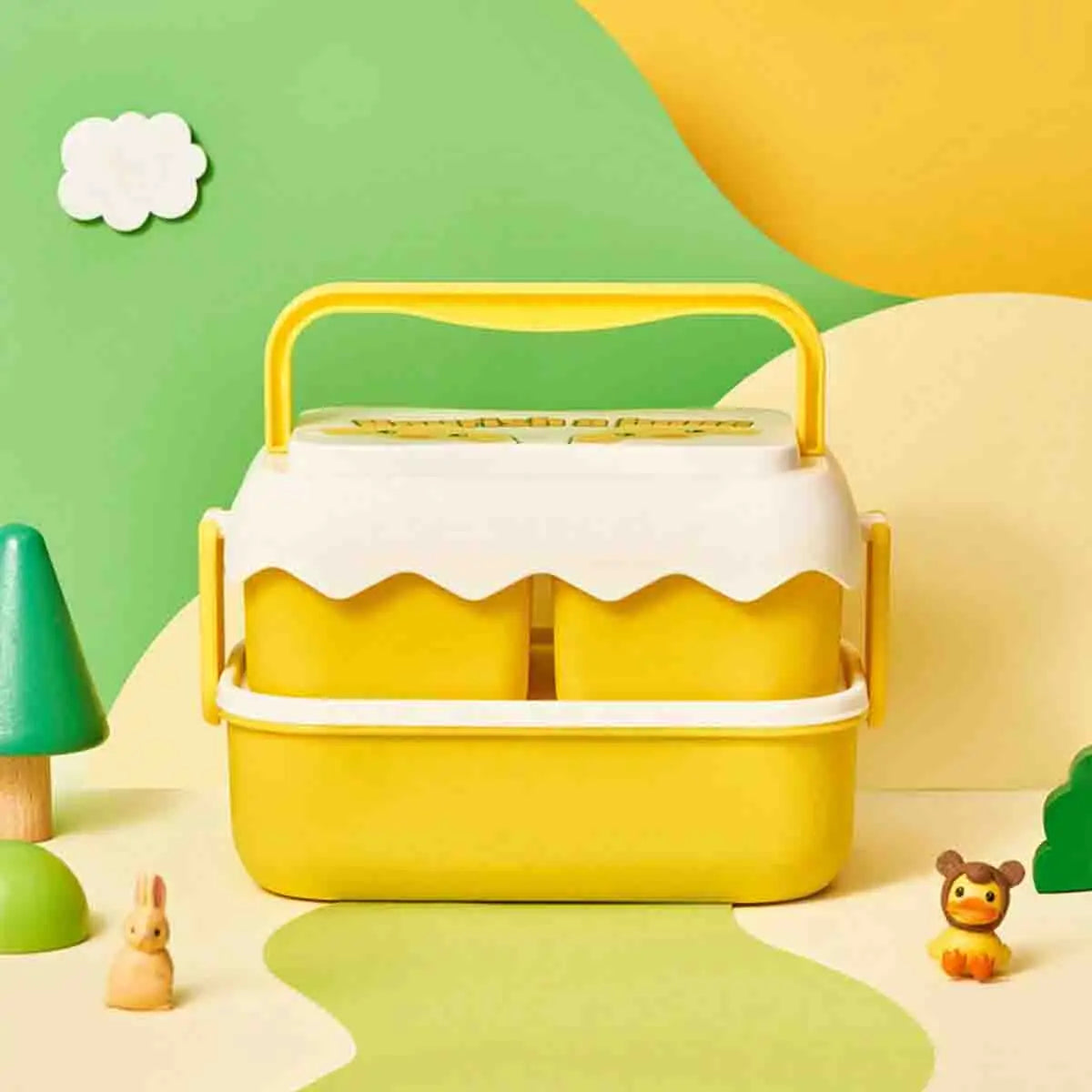 Yellow and white kawaii lunch box with a handle on a colorful background