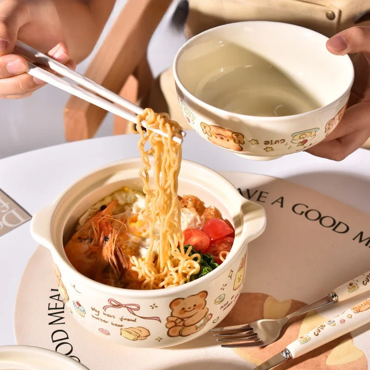 Cute Bear Ceramic Noodle Bowl with Lid