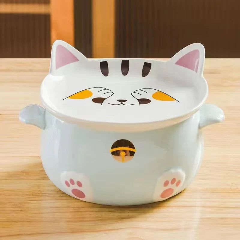 A blue cat designed kawaii ramen bowl on a table