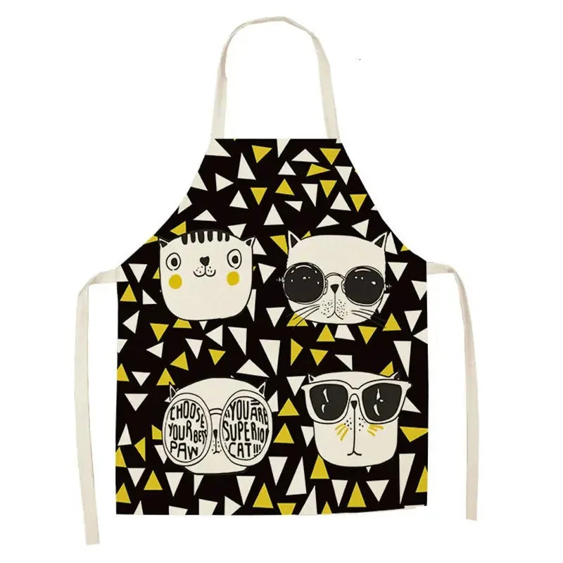 Apron with Kawaii cat illustrations and geometric pattern on a white background