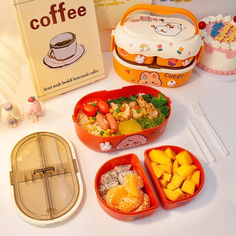 Colorful kawaii bento boxes with food, a small book, and decorative items on a white surface.