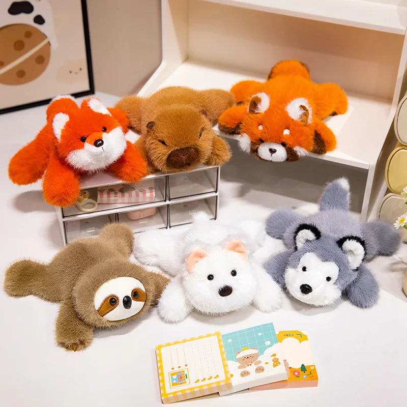 Collection of kawaii plush toys including foxes, bears, and a raccoon on a white surface.