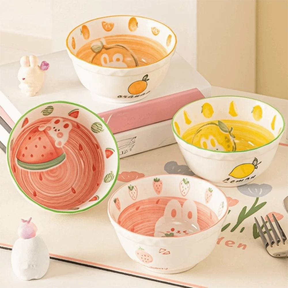 Four multicolored kawaii ramen bowls with bunnies on them