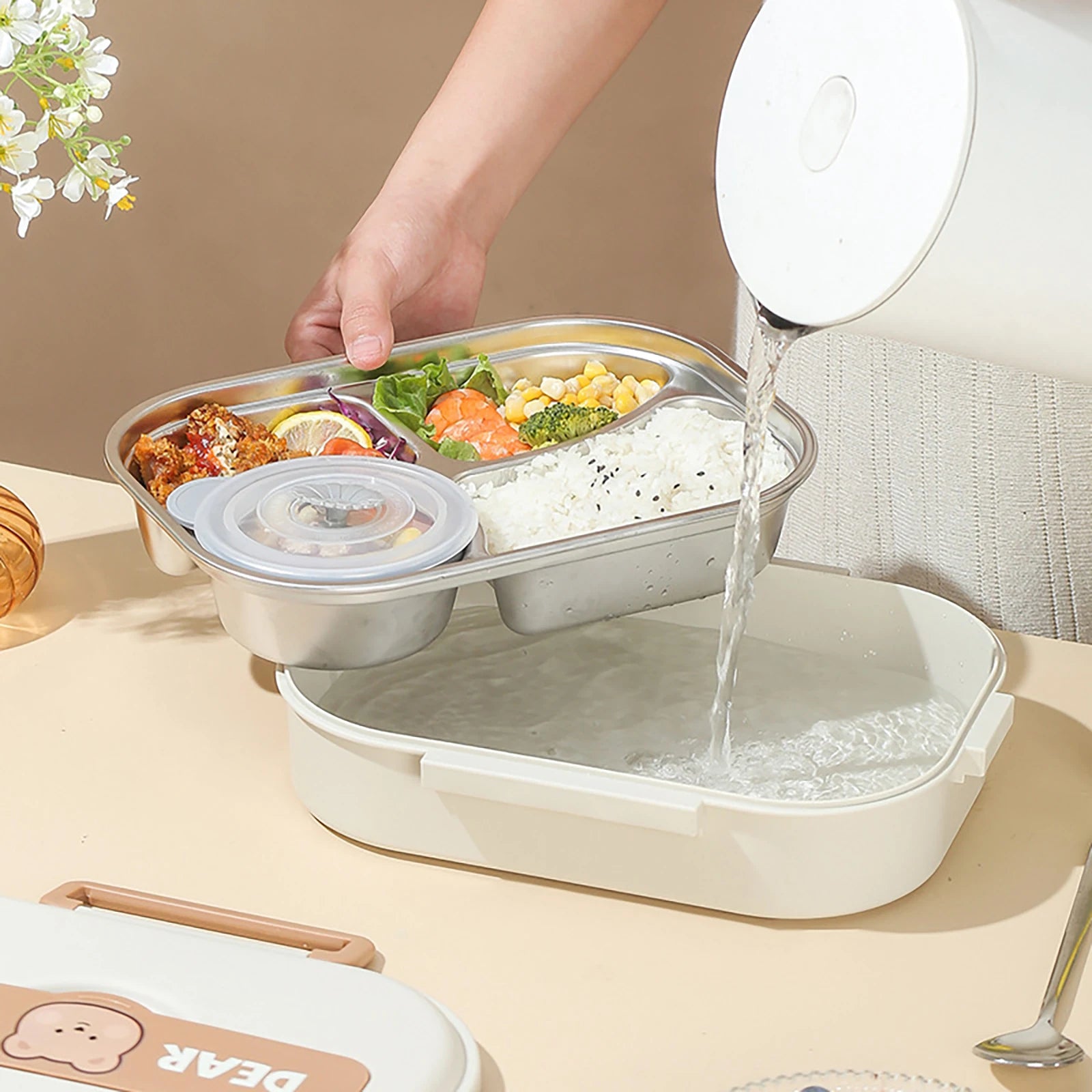 Person pouring water into a stainless steel kawaii lunch box with compartments on a beige surface.