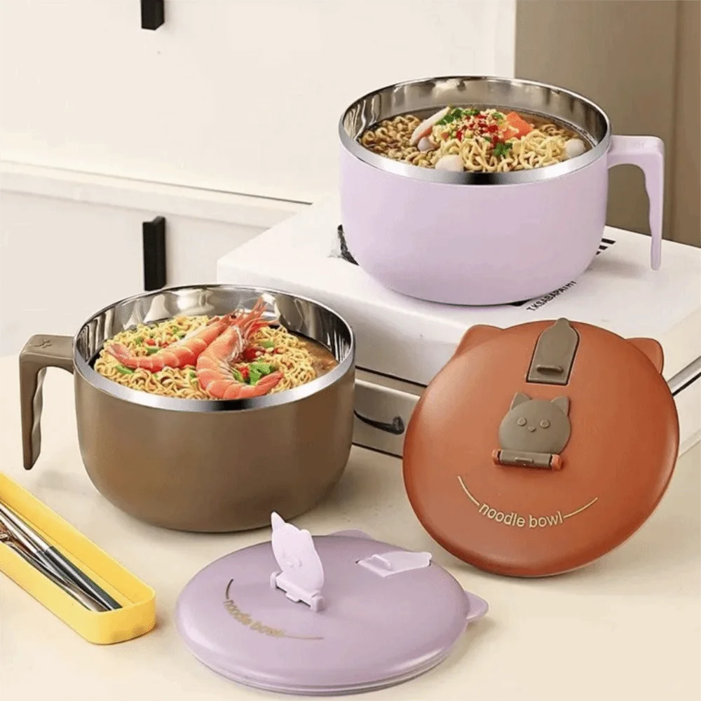 Three kawaii ramen bowls on a table with noodles inside of them