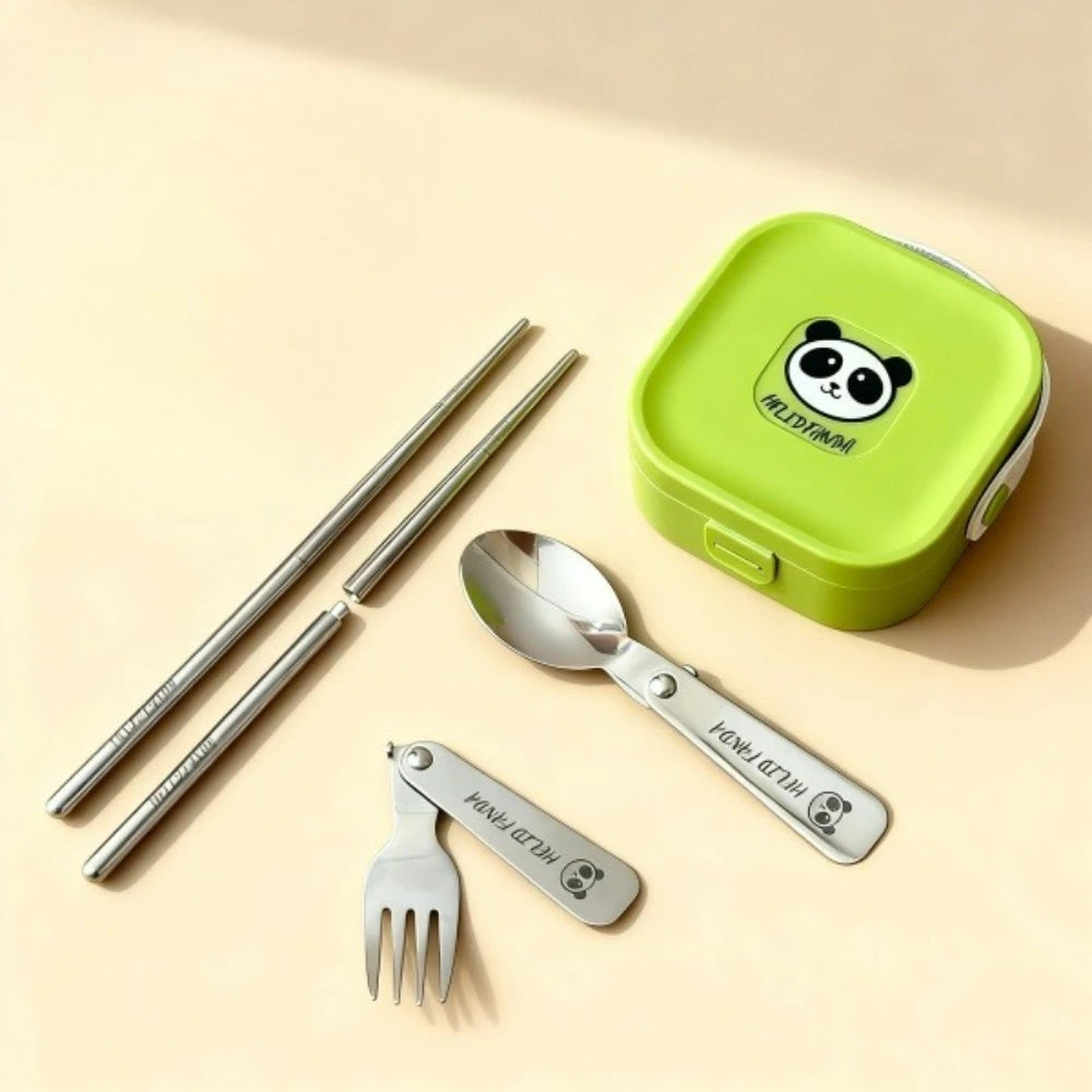 A green and steel set of kawaii utensils on a table