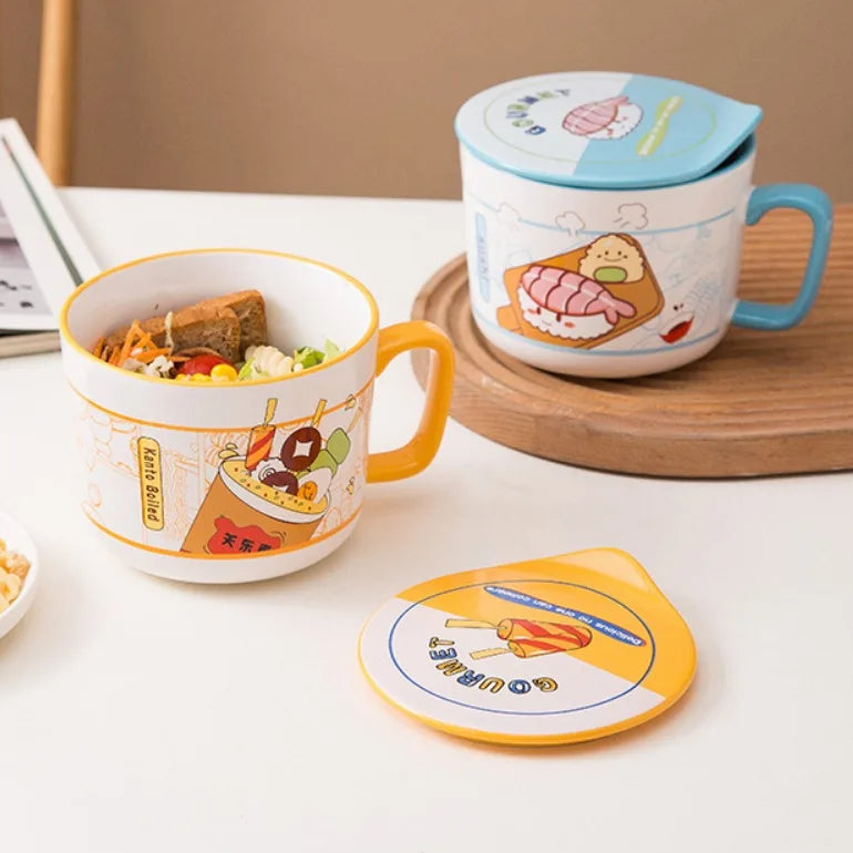 Two ceramic kawaii ramen bowls with food-themed designs on a table.