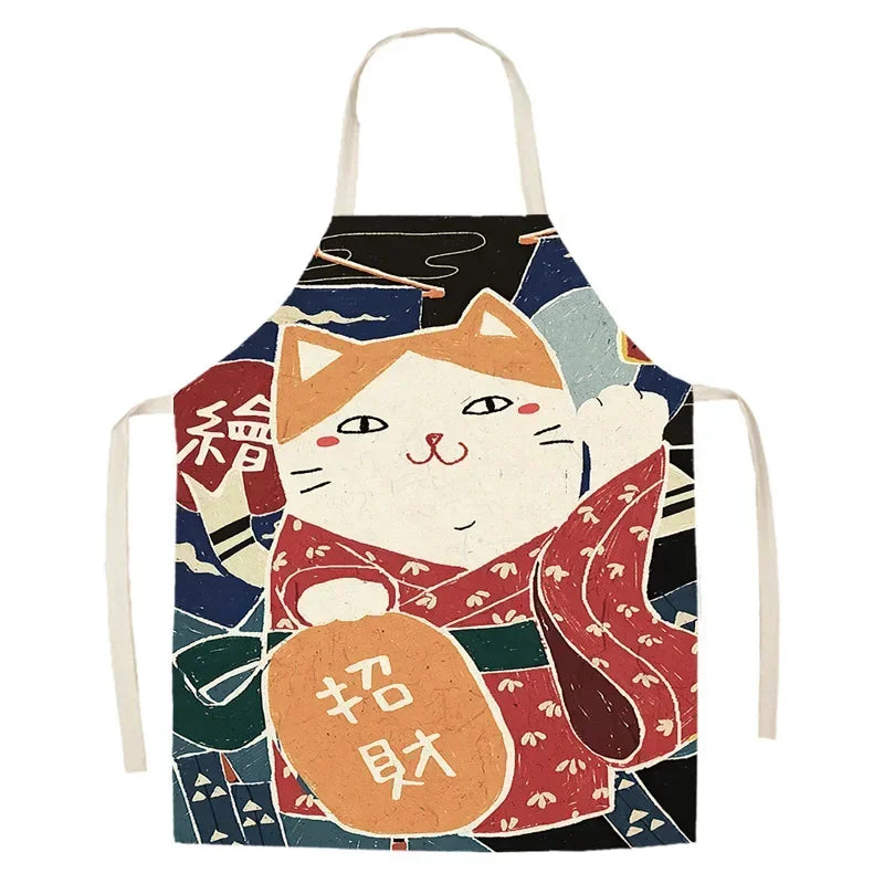 Kawaii apron with a cat design and colorful patterns on a white background