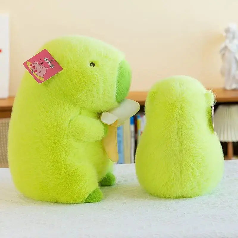Green kawaii plush toy with a tag on a light-colored surface