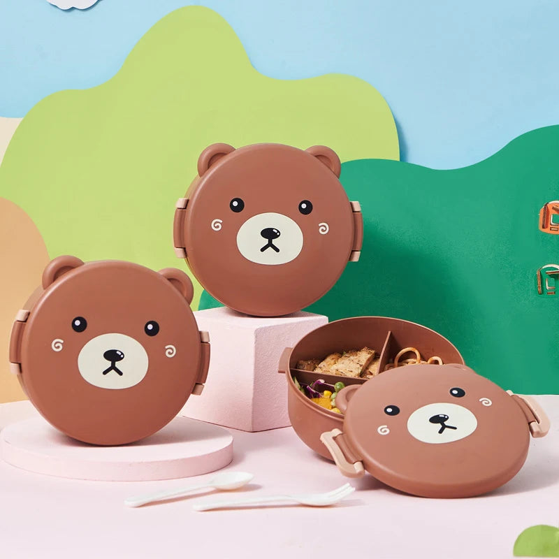 Set of bear-shaped kawaii lunch boxes with a colorful background