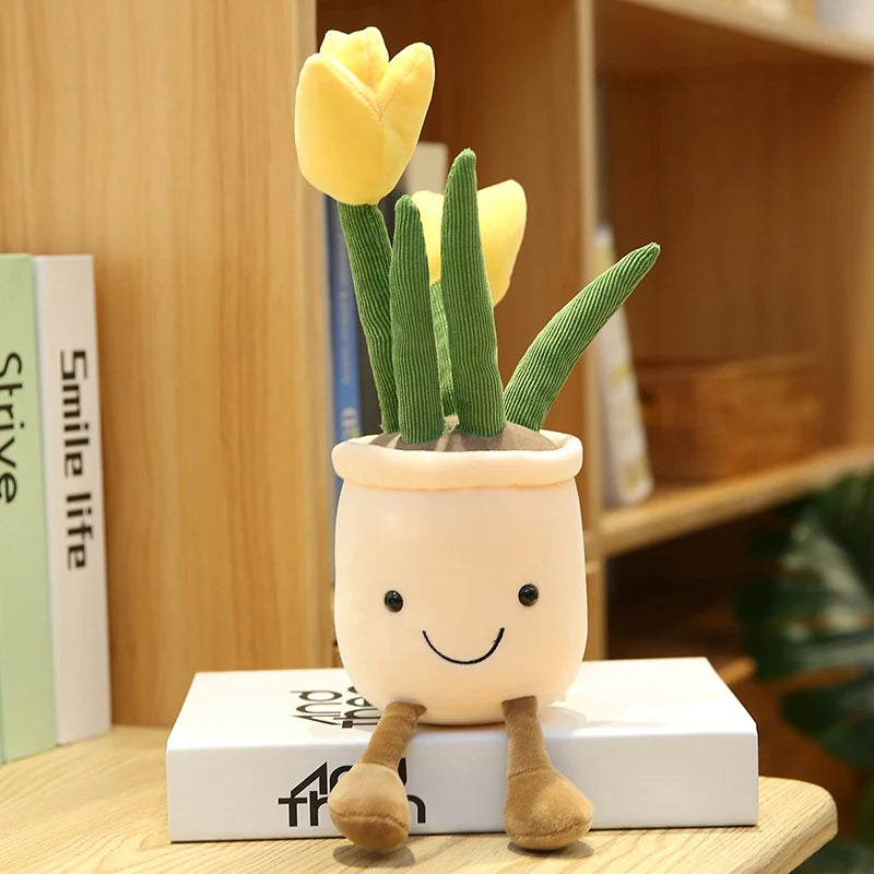 Plush kawaii toy plant with a smiling face on a wooden surface