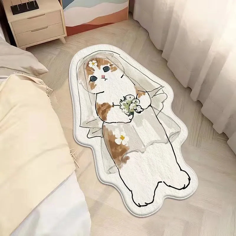 A cat rug designed wearing a wedding dress lies on a wooden floor
