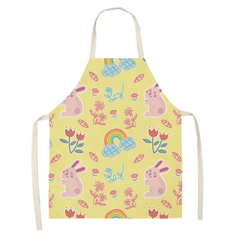 Children's kawaii apron with bunny and rainbow pattern on a yellow background