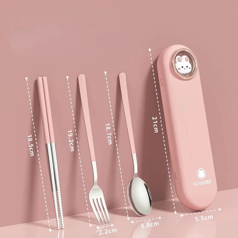 Pink travel kawaii utensils set with case and measurements on a pink background