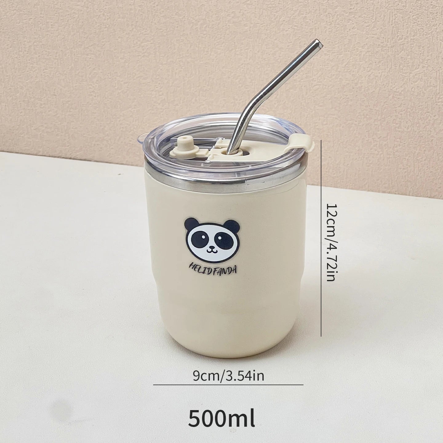 Panda-themed kawaii tumbler with a straw on a beige background