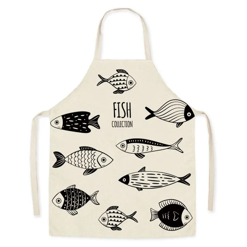 Beige kawaii apron with black fish illustrations and 'Fish Collection' text on a white background