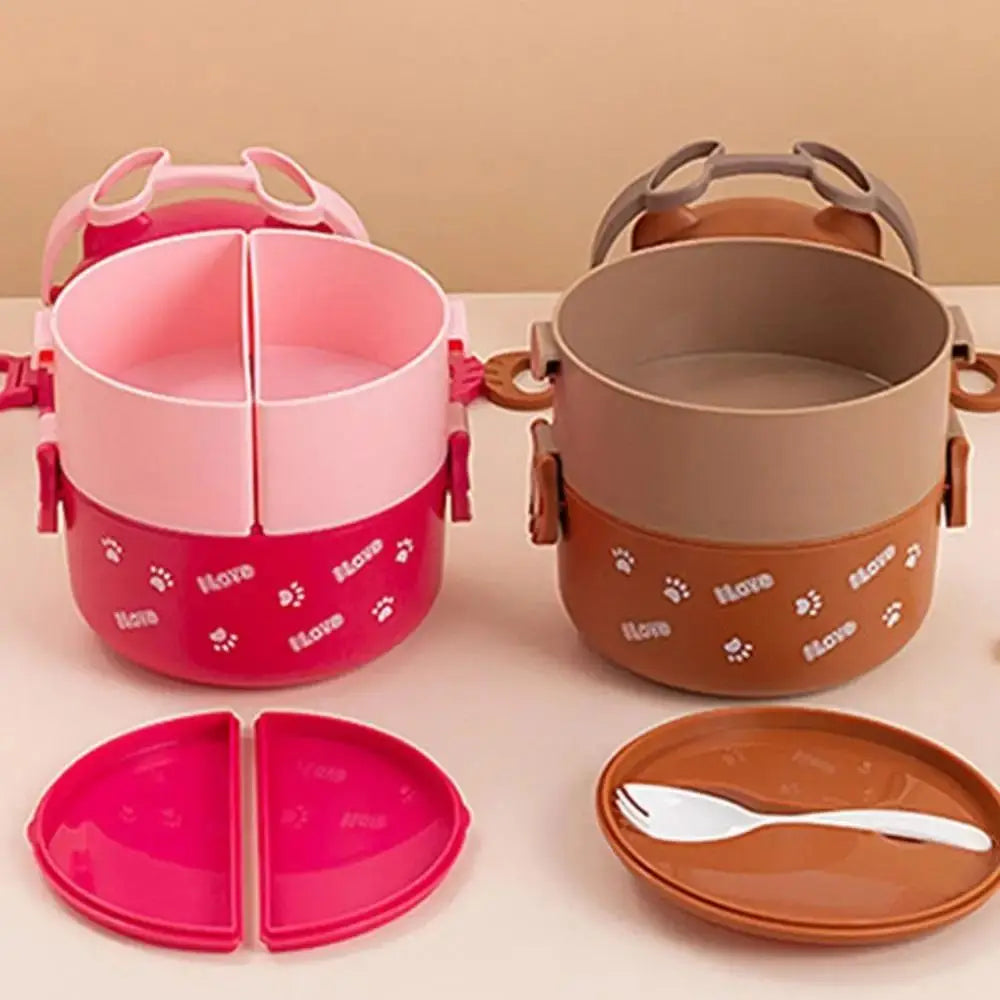 Pink and brown children's kawaii lunch set with compartments on a beige background