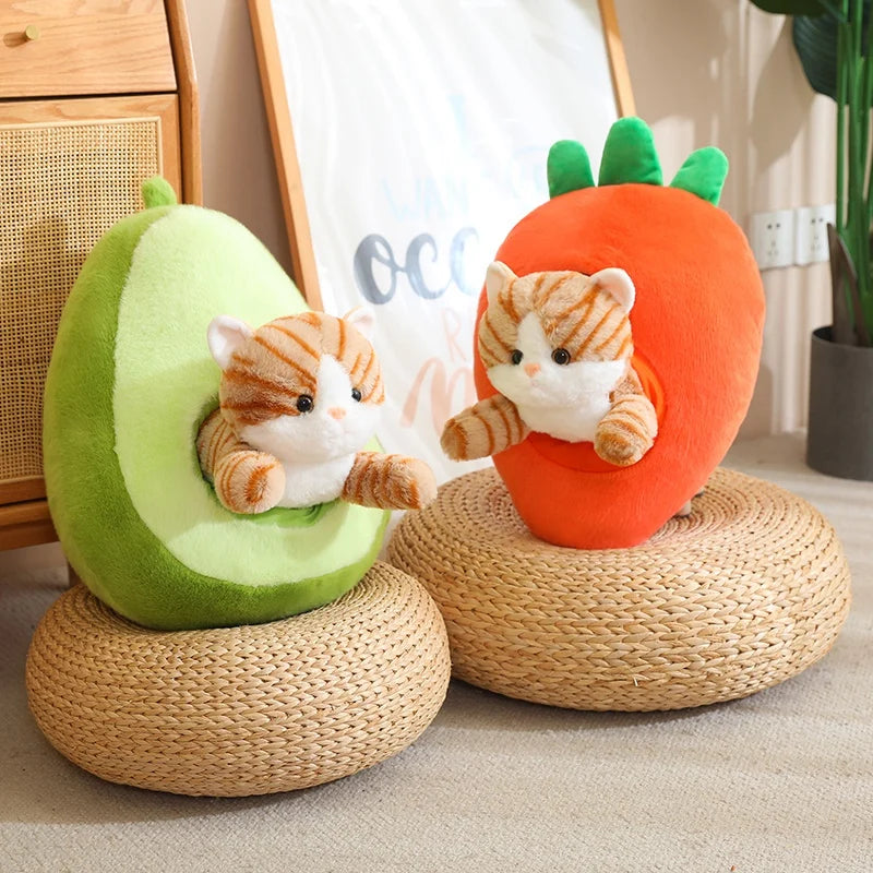 Two kawaii plush toys shaped like an avocado and a carrot with a cat design, placed on woven stools.