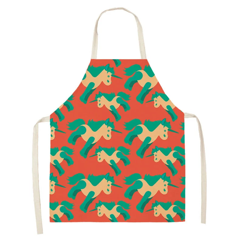 Kawaii apron with unicorn pattern on a red background