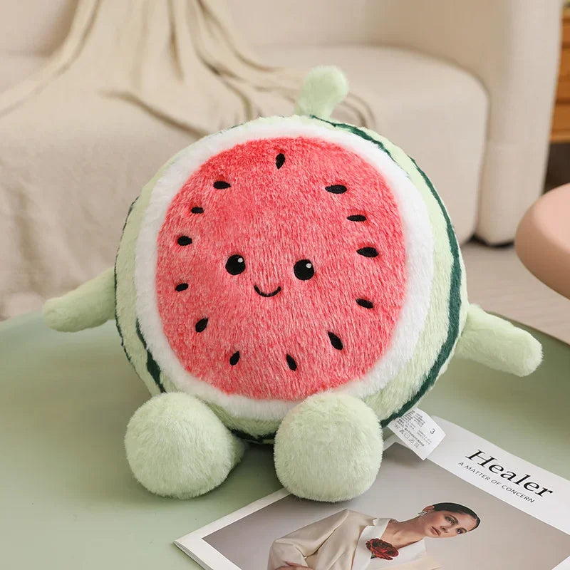 Kawaii plush toy shaped like a watermelon on a magazine with a blurred background