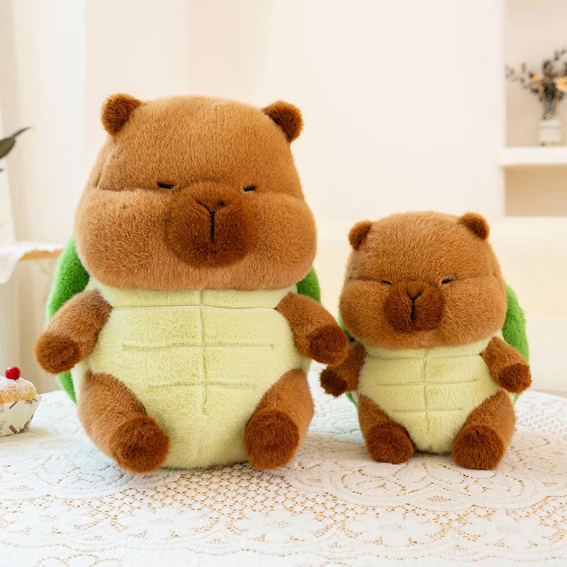 Two brown kawaii teddy bears with green shirts on a white lace tablecloth.