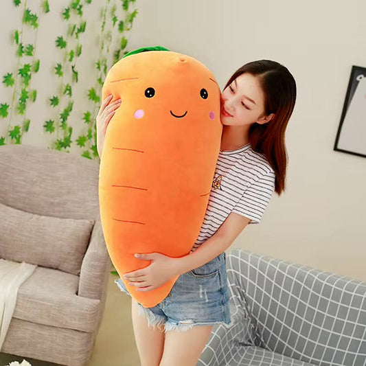 Person holding a large carrot-shaped kawaii plush toy in a living room.