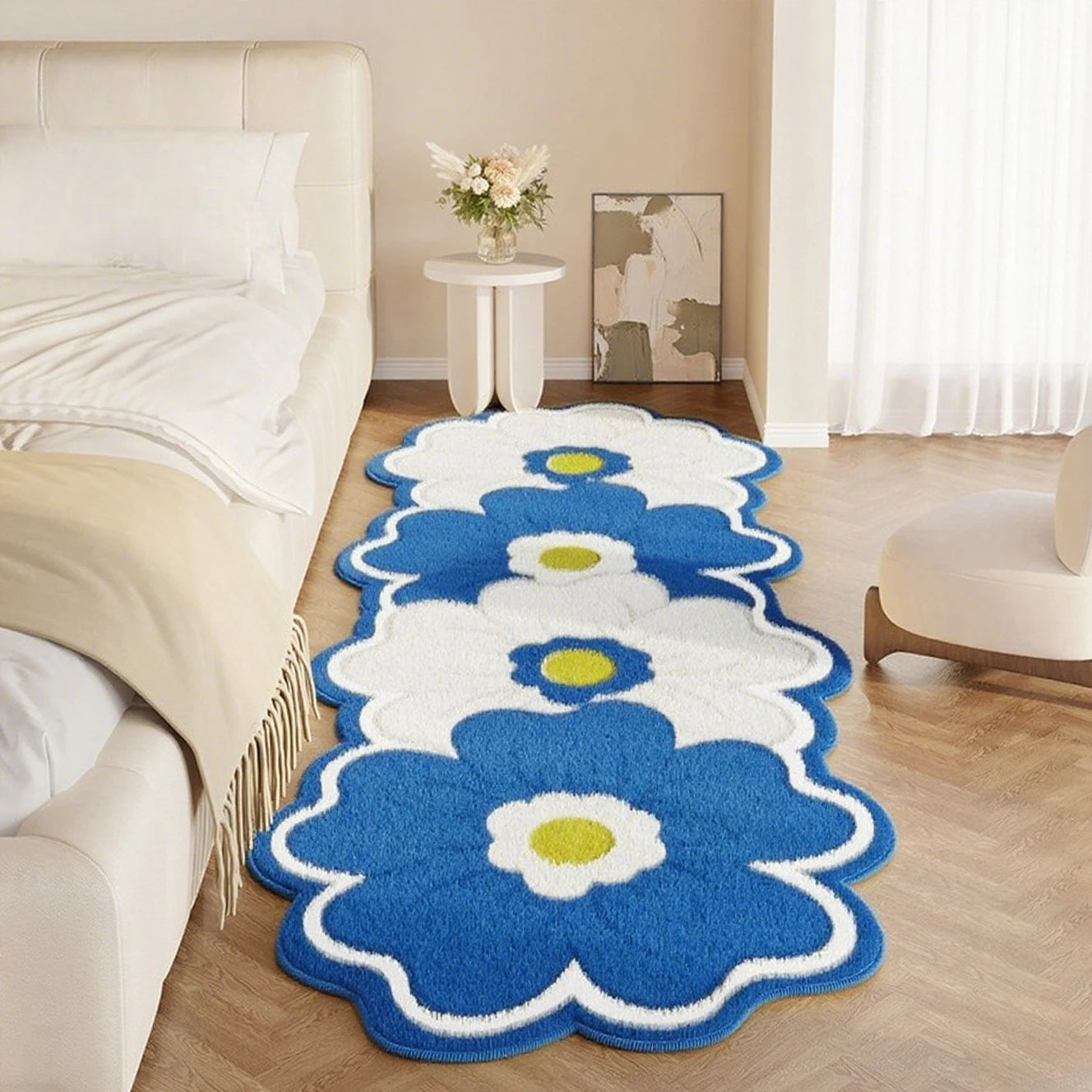 Floral design kawaii rug on a wooden floor in a bedroom setting