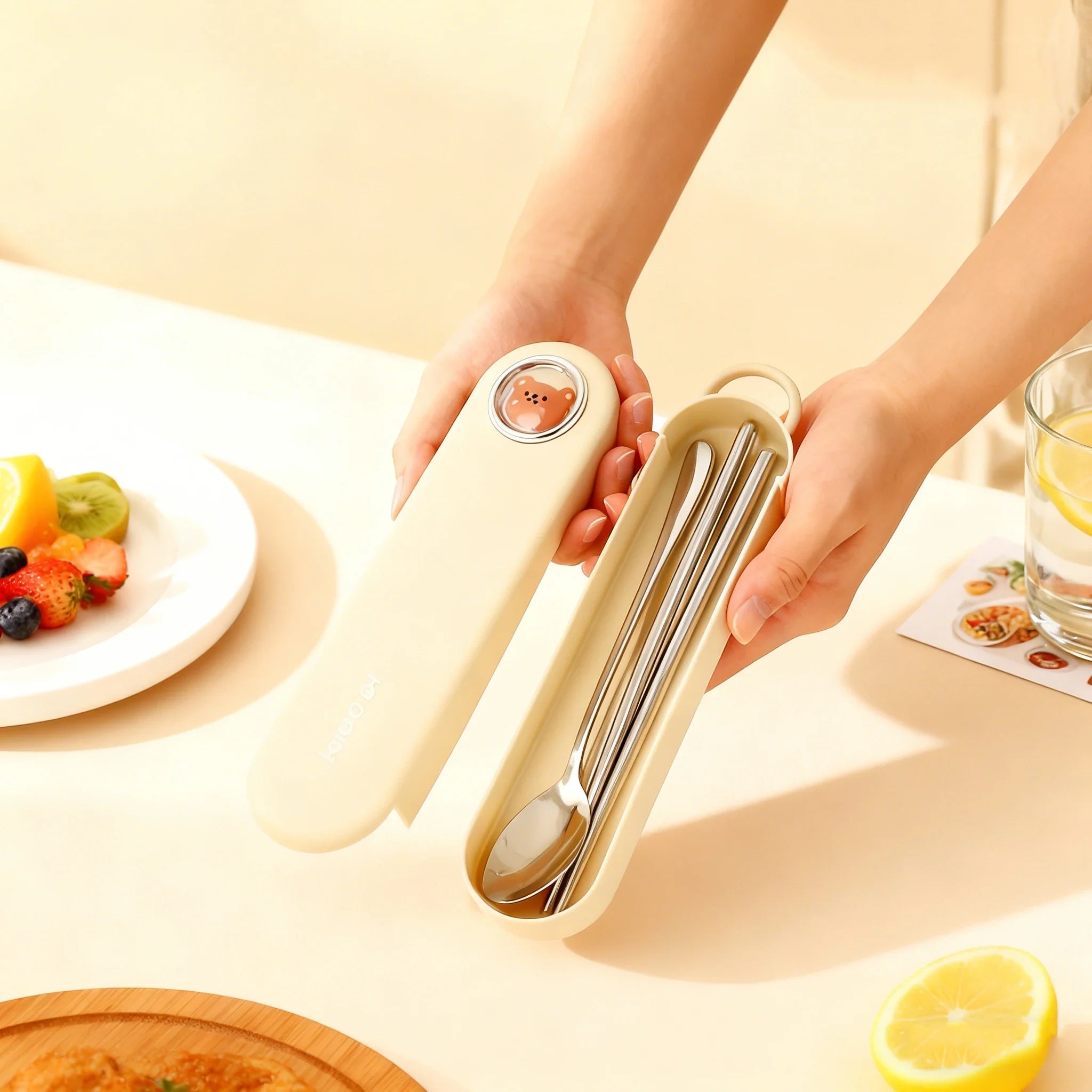 Someone holding a white case with kawaii utensils in it