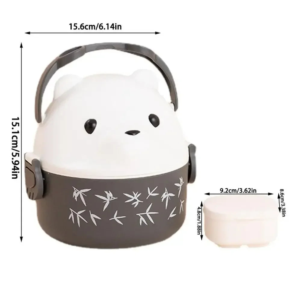Measurement chart of a kawaii food container with a lid, showing dimensions on a white background.