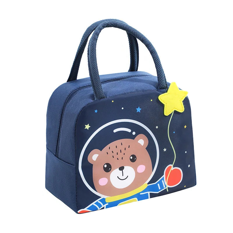 Navy blue kawaii bag with a bear astronaut design on a white background