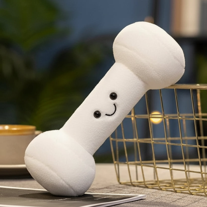 Kawaii plush dog toy shaped like a bone with a smiley face, 20cm in size, on a blurred background.