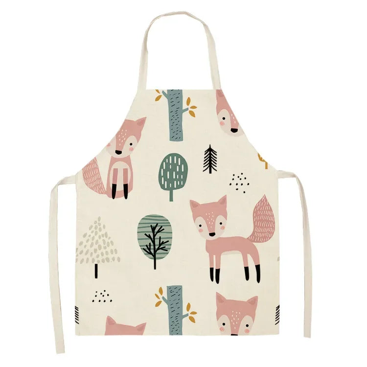 Children's kawaii apron with fox and tree pattern on a white background