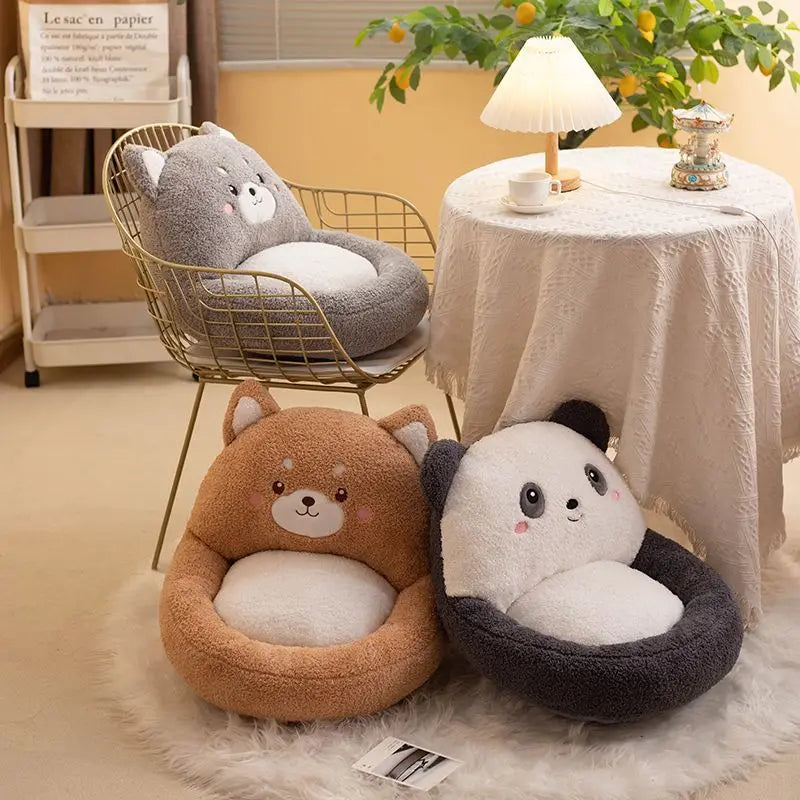 Three cute animal-shaped kawaii cushions on a fluffy rug with a cozy room setting.