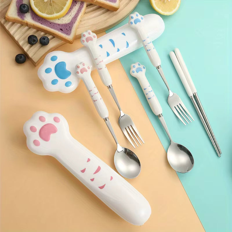 Set of cute animal-themed kawaii utensils on a colorful background