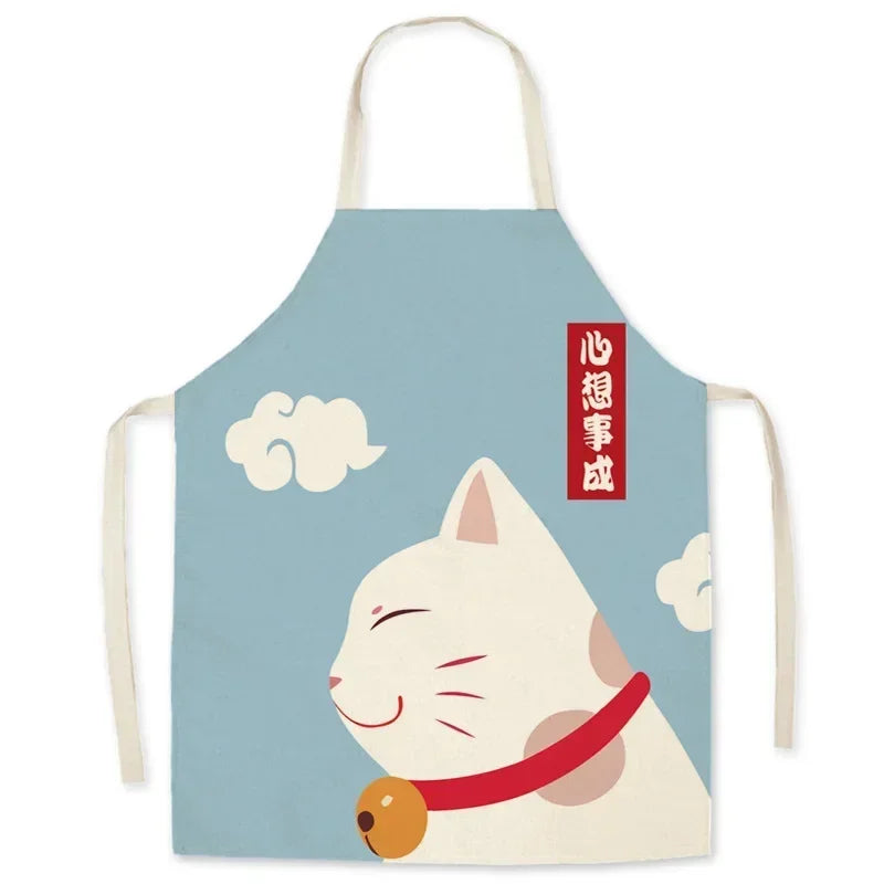 Kawaii apron with a cat illustration and text on a light blue background