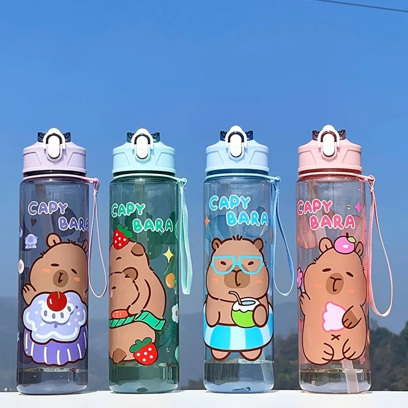 Four cartoon kawaii-themed water bottles with 'Capybara' branding against a blue sky.